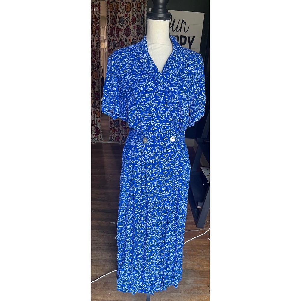 Robbie Bee Vintage Blue White Floral Leaf Maxi Dress Short Sleeve Sz 10